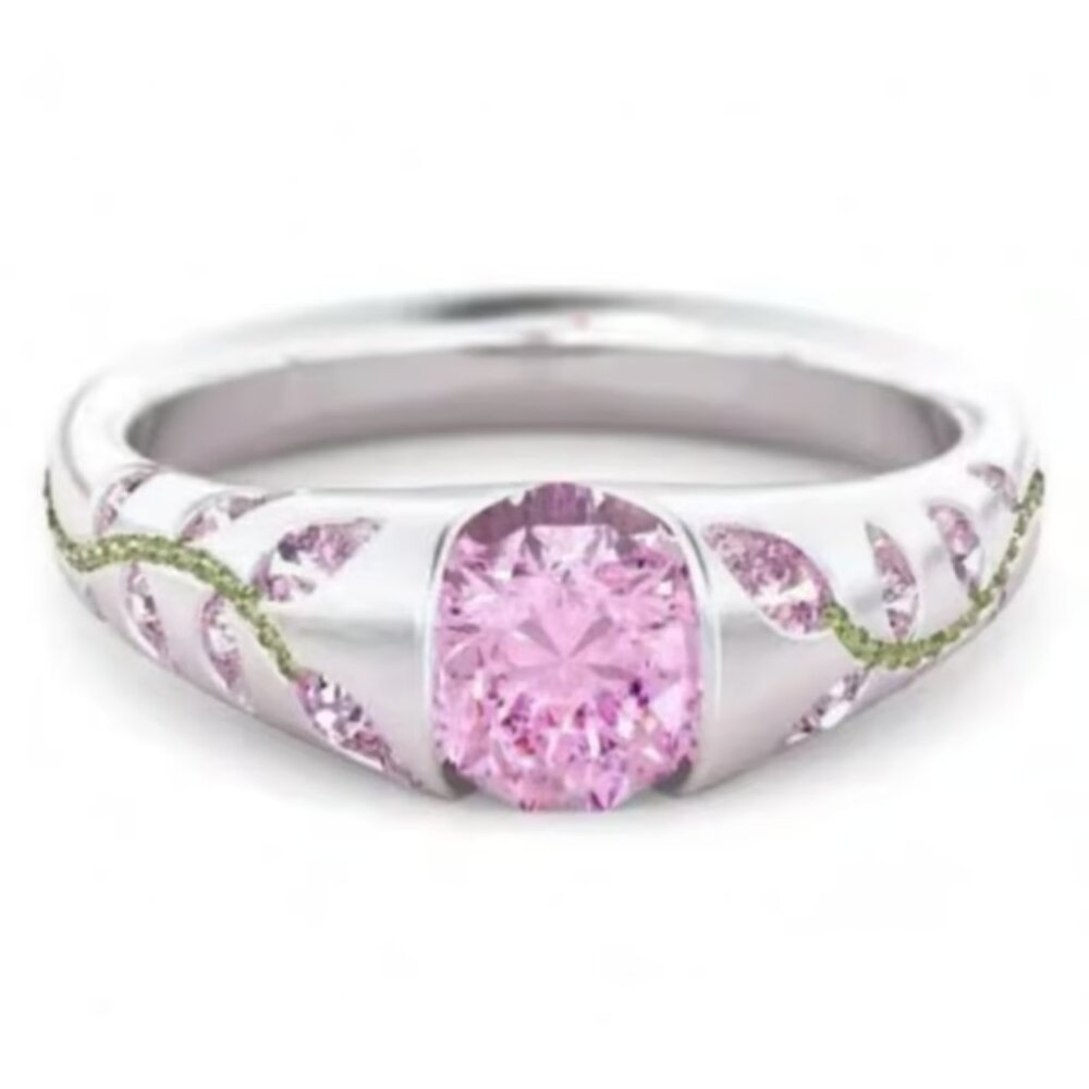 Silver Plated Ring with Pink Faceted Stone | Pink & Green Crystal Detail. Size 7